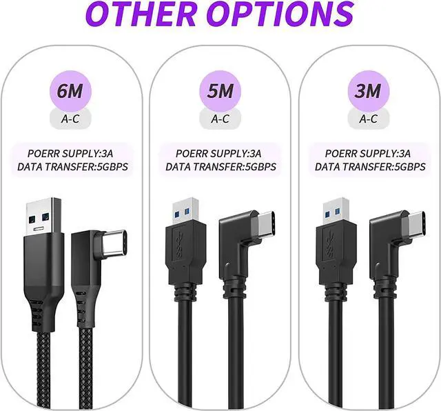 Alt view image 7 of 7 - for Oculus Quest 2 Link Cable 20ft/6M, Nylon Braided 90 Degree Angle USB-A to USB-C cable with 5Gbps Data Transfer and 60W Fast Charging for Meta/Oculus Quest 2 and Quest VR headset and More (Black)