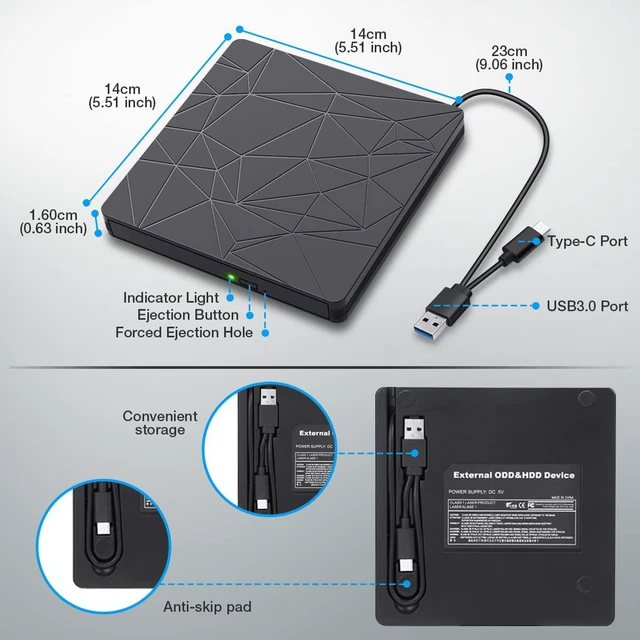 Alt view image 2 of 7 - External CD DVD Drive, 2 in 1 Type C & USB 3.0 Slim Portable CD+/-RW DVD ROM Player Reader For Laptop, Desktop Pc Windows 7/8/10/Xp/Linux and Macbook