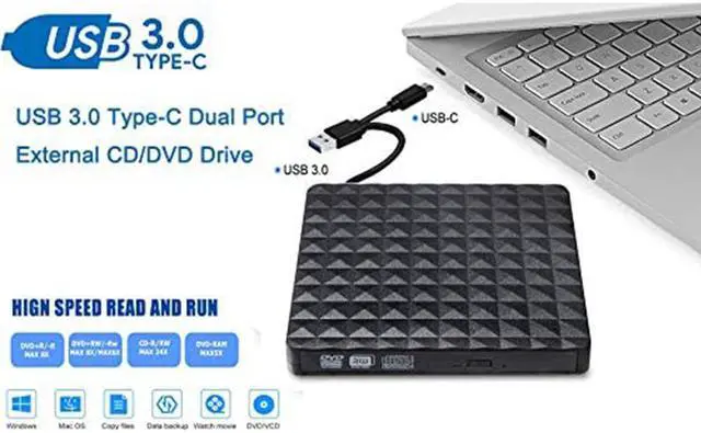 Alt view image 2 of 7 - External CD DVD Drive, Portable High-Speed USB-C & USB 3.0 CD/DVD ROM DVD Burner/DVD Reader Writer Optical Drive for PC Desktops, Compatible with Windows/Mac OS X/Linux