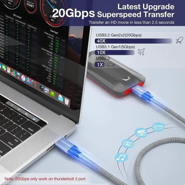 Alt view image 3 of 7 - USB C to USB C 3.2 Cable 6.6FT/2M, 100W & 20Gbps USB 3.2 Gen 2X2 Cable, 4K @60Hz Video Cord with E-Marker for Thunderbolt 3/4, iMac, MacBook, Dell XPS, iPad Pro, Galaxy S21, Switch etc