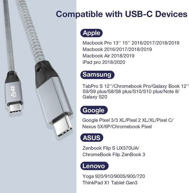 Alt view image 6 of 7 - USB C to USB C 3.2 Cable 6.6FT/2M, 100W & 20Gbps USB 3.2 Gen 2X2 Cable, 4K @60Hz Video Cord with E-Marker for Thunderbolt 3/4, iMac, MacBook, Dell XPS, iPad Pro, Galaxy S21, Switch etc