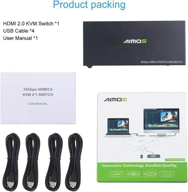 Alt view image 7 of 7 - KVM Switch HDMI 4 Port Box, HDMI 2.0 KVM Switcher Support Wireless Keyboard and Mouse Connections and with USB Hub Port, UHD 4K@60Hz & 3D & 1080P Supported