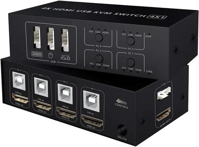 Main image of HDMI KVM Switch 4 Port HDMI Switcher, 4K @60Hz 4 In 1 Out KVM USB Switch Box for 4 PC Sharing Keyboard Mouse Monitor Compatible with Laptop, PC, PS4, Xbox HDTV