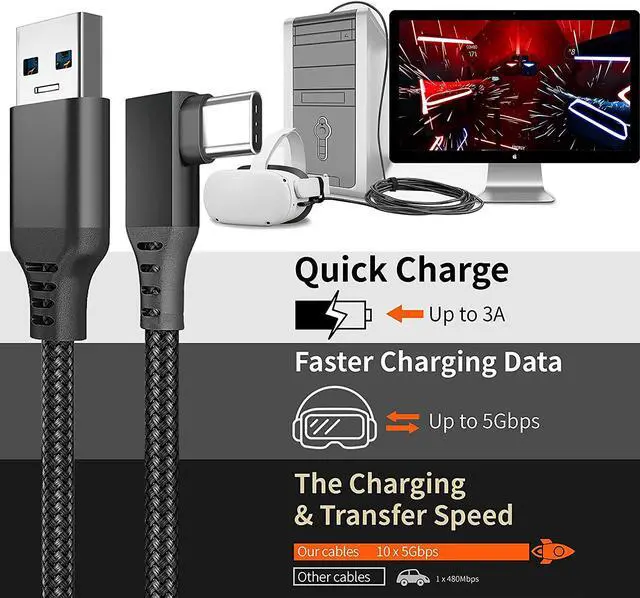 Alt view image 5 of 6 - 16 FT / 5M USB A to C Link Cable for Oculus/Meta Quest 2/1 and PC/Steam VR, Braided USB 3.2 A to C Compatible for Oculus Quest 2 Link Cable, High Speed PC Data Transfer, Fast Charging for VR Headset