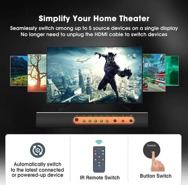Alt view image 4 of 7 - 5 Port 4K HDMI Switch with Remote Premium 5 in 1 Out 4K @60Hz HDMI2.0 Switcher Selector, Support HDR 10, HDCP 2.2, Dolby Vision/ Atmos, Auto-Switch, 18Gbps, CEC, 1080P/3D