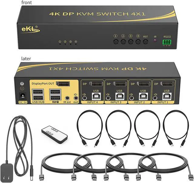 Main image of Displayport KVM Switch, Displayport 4 Port DP 1.2 4x1 Supports 4K @60Hz 4:4:4 hotkey Switching Keyboard Mouse Audio with USB 2.0 Control up to 4 PCs