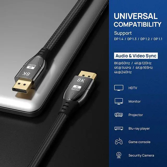 Alt view image 4 of 7 - DisplayPort Cable DP 1.4 10ft / 3M, 8K DP to DP Cable Bandwidth 32.4 Gbit/s, FreeSync & G-Sync, Support 8K @60Hz, 4K @144Hz/120Hz/60Hz, 2K @165Hz, 1080P @240Hz, Compatible With PC / Monitor - Grey