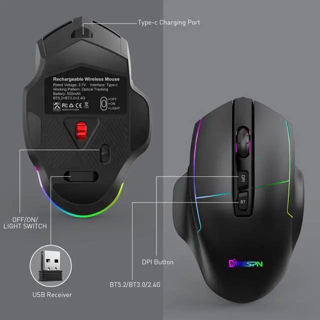 Alt view image 7 of 7 - 2.4G Wireless Bluetooth Mouse, Bluetooth RGB Rechargeable Gaming Mouse Wireless Computer Silent Mause LED Backlit 1600 DPI Ergonomic Gaming Mouse for Laptop PC