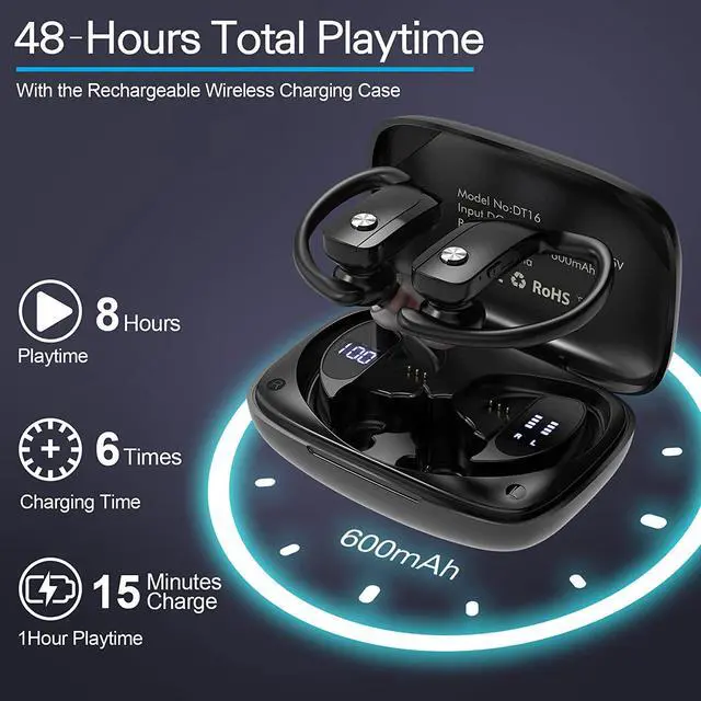Alt view image 3 of 7 - Ture Wireless Earbuds, TWS Bluetooth Headphones 48Hrs Play Back Sports Earphones with LED Display Built in Mic Deep Bass Stereo in Ear Waterproof Headset for Workout Gaming Running