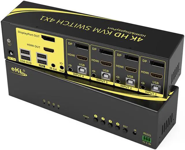Main image of 4 in 2 out DP HDMI KVM Switch, Dual Screen KVM Switch supports 4 hosts to share 1 set of Keyboard and Mouse and 2 Monitors, 4K @60Hz, DP1.2, HDMI2.0