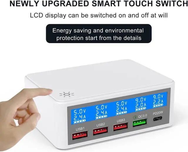 Alt view image 5 of 7 - 5 Ports USB Charger, 65W 5-Port USB C Charging Station Multi Port USB Hub Charger Compact Size LCD Display, QC 3.0 and PD USB C Fast Charger, Compatible with iPhone iPad Samsung Kindle Tablet and More