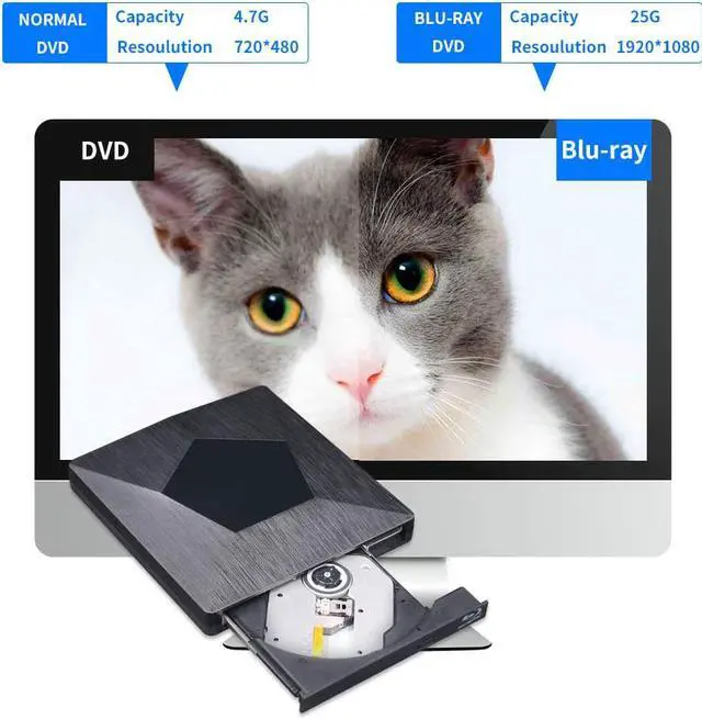 Alt view image 2 of 7 - External 3D Blu Ray DVD Drive Burner, Wihool Ultra Slim USB 3.0 and Type-C Blu Ray BD CD DVD Burner Player Writer Reader Disk for Mac OS, Windows xp/7/8/10, Laptop PC (Black)