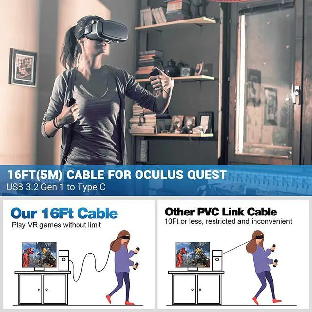 Alt view image 3 of 7 - VR Link Cable for Oculus Quest 2, 16FT /5M USB C 3.2 Gen 1VR Headset Cable for Oculus Quest Accessories, Fast Charging & High Speed Data Transfer USB C Cable for VR Oculus Quest Headset and Gaming PC