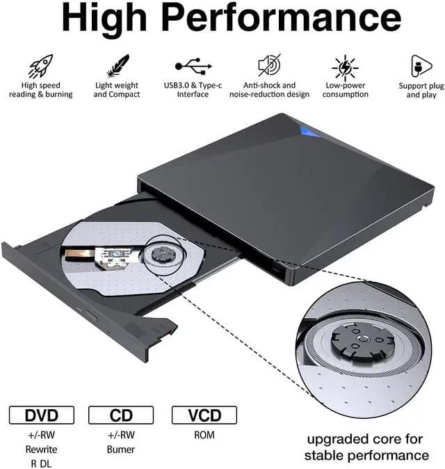 Alt view image 3 of 7 - External CD DVD Drive, USB 3.0 Type-C CD/DVD Burner, Portable USB C Superdrive Burner Player Writer CD DVD +/- RW, Compatible with Windows 10 8 7 XP Vista Mac OS Linux for Mac Pro Air iMac Laptop