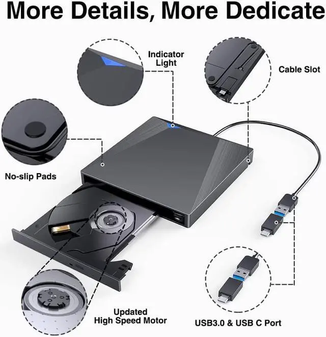 Alt view image 4 of 7 - External CD DVD Drive, USB 3.0 Type-C CD/DVD Burner, Portable USB C Superdrive Burner Player Writer CD DVD +/- RW, Compatible with Windows 10 8 7 XP Vista Mac OS Linux for Mac Pro Air iMac Laptop