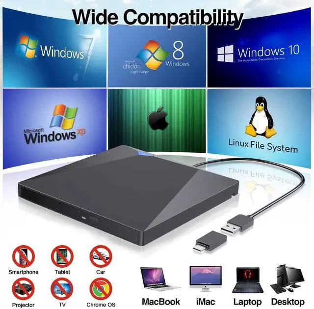 Alt view image 5 of 7 - External CD DVD Drive, USB 3.0 Type-C CD/DVD Burner, Portable USB C Superdrive Burner Player Writer CD DVD +/- RW, Compatible with Windows 10 8 7 XP Vista Mac OS Linux for Mac Pro Air iMac Laptop