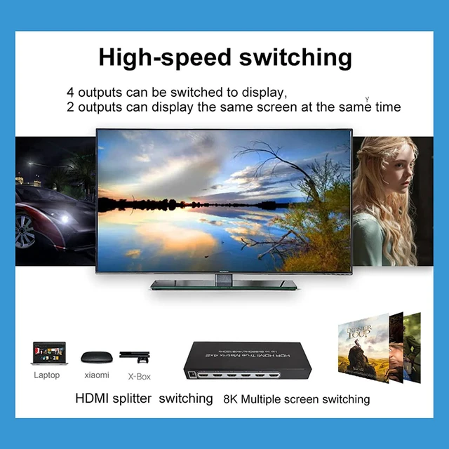 Alt view image 3 of 7 - 8K @60Hz HDR HDMI True Matrix 4x2, 4K @120Hz 4 in 2 Out HDMI Splitter Switcher HDMI Matrix Switch Box V2.1 Speed switcher, Suitable for PS4 HD TV Computer Monitor