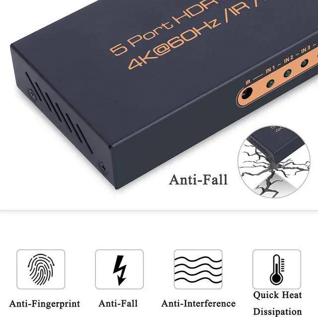 Alt view image 6 of 7 - HDMI Switch 5 In 1 Out, 5x1 HDMI Switcher 4K @60Hz,HDMI Switch with Remote,HDMI Splitter Switch,Support Auto-Switch,HDR10, Dolby Vision,1080P,3D,Full HD for Fire Stick TV