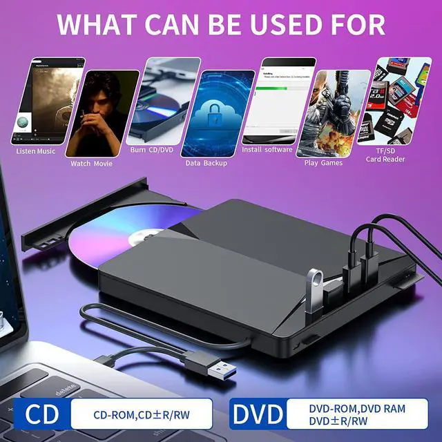 Alt view image 3 of 7 - External CD/DVD Drive for Laptop, 7 in 1 USB 3.0 DVD Player Portable CD/DVD Burner, CD ROM External DVD Drive for Laptop Compatible with Laptop Desktop PC Windows 11/10/8/7 Linux Mac OS