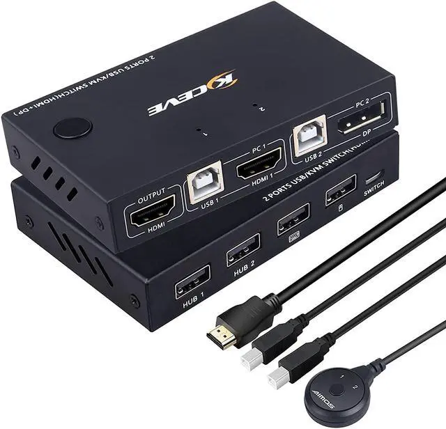 Main image of Displayport HDMI KVM Switch,  DP+HDMI 2 Port KVM Switch, HDMI and Displayport USB Switch for 2 Computers Share One Set Keyboard Mouse Printer and One Monitor, 4K @30Hz with DP to HDMI Function