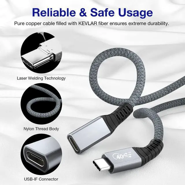 Alt view image 7 of 7 - USB4 Extension Cable 1.64FT / 0.5M, Thunderbolt 3 & 4 Extension Cable, USB C 4.0 Support PD 100W 20V5A, 40Gbps Transfer, 8K@60Hz, 6K/4K@60Hz Video for Dell/HP, Mac-Book, i-Mac, Dell XPS