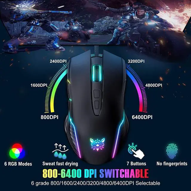 Alt view image 2 of 7 - New Version USB Gaming Mouse Wired, LED RGB Backlit 6400 DPI Adjustable Gaming Mouse, Grip Ergonomic Optical PC Computer Gaming Mice, 7 Buttons Gaming Mice for Windows 7/8/10/XP Vista Linux(Black)