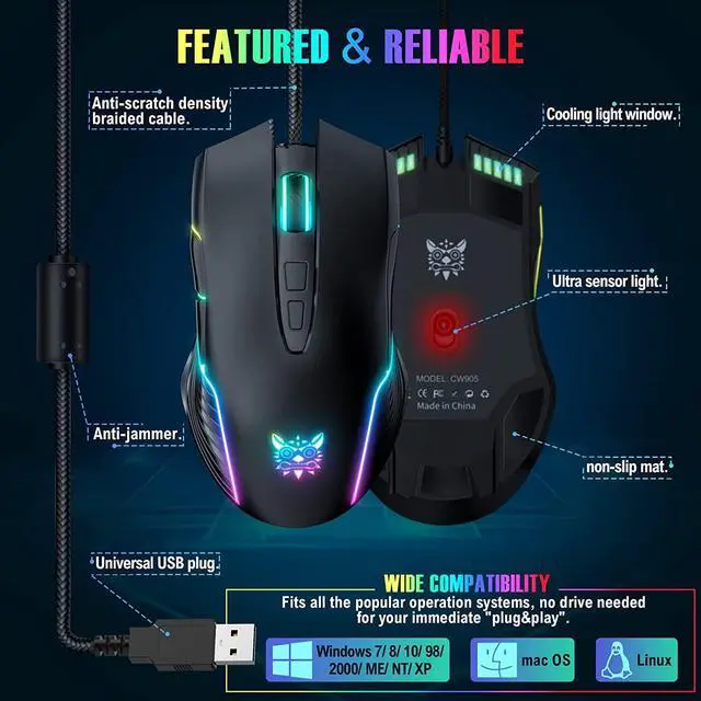 Alt view image 6 of 7 - New Version USB Gaming Mouse Wired, LED RGB Backlit 6400 DPI Adjustable Gaming Mouse, Grip Ergonomic Optical PC Computer Gaming Mice, 7 Buttons Gaming Mice for Windows 7/8/10/XP Vista Linux(Black)