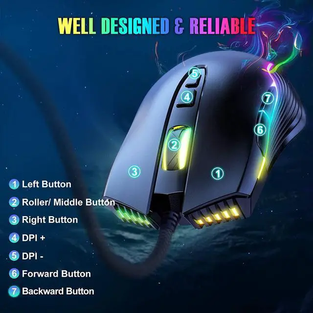 Alt view image 5 of 7 - New Version USB Gaming Mouse Wired, LED RGB Backlit 6400 DPI Adjustable Gaming Mouse, Grip Ergonomic Optical PC Computer Gaming Mice, 7 Buttons Gaming Mice for Windows 7/8/10/XP Vista Linux(Black)