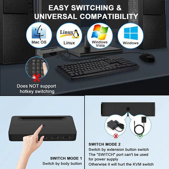Alt view image 6 of 7 - 4 Port KVM HDMI Switch with Audio Microphone and 3 x USB Hub - 4K @60Hz 4 in 1 Out HDMI USB Switch Supports Keyboard Mouse with USB+HDMI Combo Cables x4|USB Power Cable|Wire Remote Switch