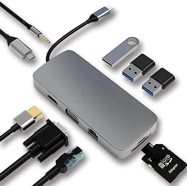 Main image of 10 in 1 USB C Hub, Multiport Adapter Dual Display Type C Docking Station with Ethernet RJ45, 4K HDMI 1080p @60hz, VGA, 3 USB Ports, PD-100W, TF/SD Card Reader for Hp Lenovo Mac-Book Pro Mac-Book Air