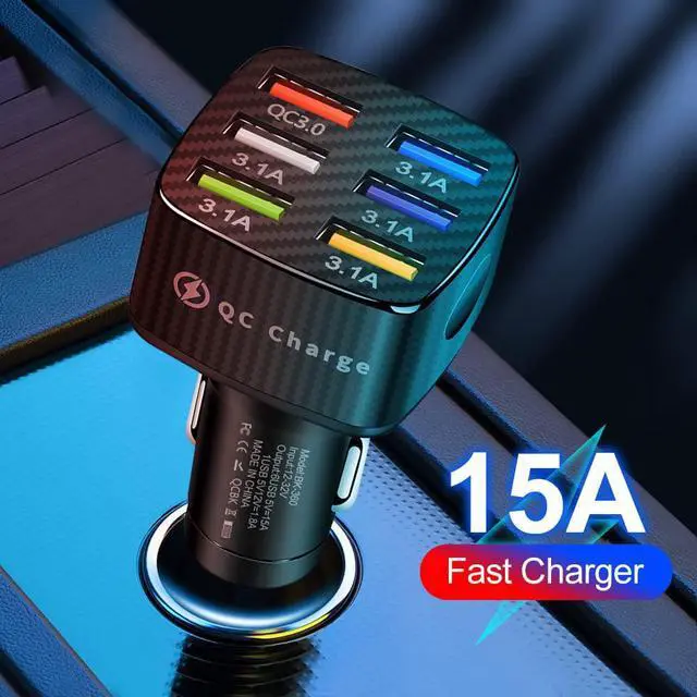 Alt view image 2 of 7 - 6-Port USB Car Charger, QC3.0 Fast Charging 6 USB Car Charger Adapter 15A Smart Shunt Car Phone Charger with Light, Suitable for i-Phone & Android Smartphones