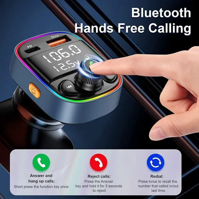 Alt view image 2 of 7 - Bluetooth FM Transmitter for Car, Car PD Charger with MP3 Player, Car Bluetooth FM Transmitter Adapter with 7 Color Backlit, QC 3.0+PD Ports Support TF Card USB Flash Drive