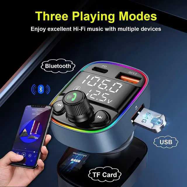 Alt view image 4 of 7 - Bluetooth FM Transmitter for Car, Car PD Charger with MP3 Player, Car Bluetooth FM Transmitter Adapter with 7 Color Backlit, QC 3.0+PD Ports Support TF Card USB Flash Drive