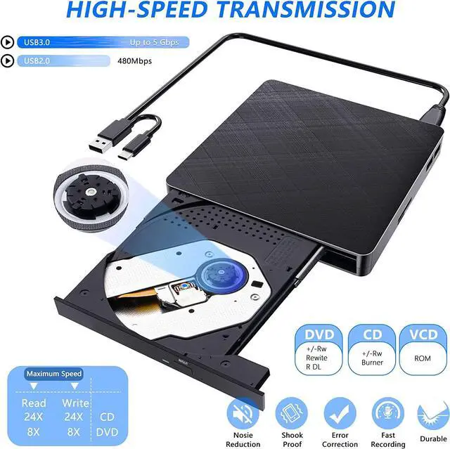 Alt view image 2 of 7 - 5 in 1 External CD DVD Drive, USB 3.0 & Type-C Portable CD DVD Burner with SD/TF Card Reader and 2 USB Ports, External Optical CD/DVD Drives for PC Desktop/Laptop/Linux/Mac/Windows 11/10/8/7 (Black)