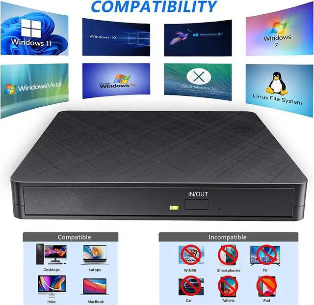 Alt view image 3 of 7 - 5 in 1 External CD DVD Drive, USB 3.0 & Type-C Portable CD DVD Burner with SD/TF Card Reader and 2 USB Ports, External Optical CD/DVD Drives for PC Desktop/Laptop/Linux/Mac/Windows 11/10/8/7 (Black)