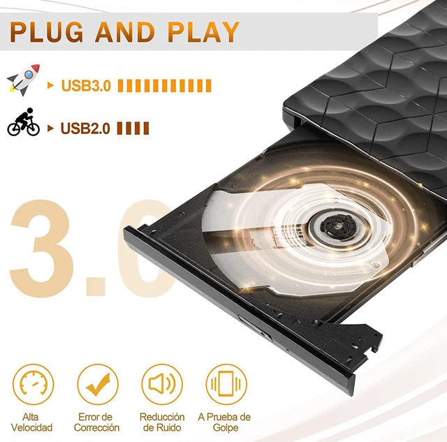 Alt view image 2 of 7 - External DVD/CD Drive USB 3.0 with USB C Adapter, Portable DVD/CD Burner External DVD Drive, Super USB 3.0 Plug and Play, External CD DVD Drive for Laptop, Desktop, Mac OS, Windows 11/10/8/7/XP/Linux