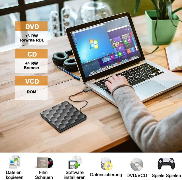 Alt view image 6 of 7 - External DVD/CD Drive USB 3.0 with USB C Adapter, Portable DVD/CD Burner External DVD Drive, Super USB 3.0 Plug and Play, External CD DVD Drive for Laptop, Desktop, Mac OS, Windows 11/10/8/7/XP/Linux