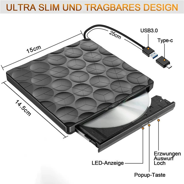 Alt view image 3 of 7 - External DVD/CD Drive USB 3.0 with USB C Adapter, Portable DVD/CD Burner External DVD Drive, Super USB 3.0 Plug and Play, External CD DVD Drive for Laptop, Desktop, Mac OS, Windows 11/10/8/7/XP/Linux