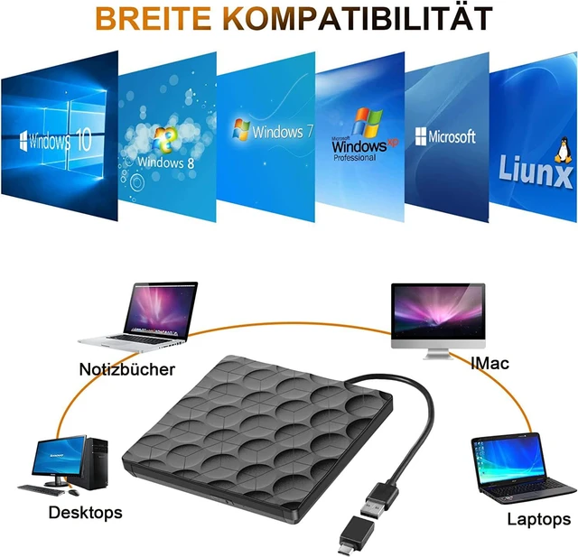 Alt view image 7 of 7 - External DVD/CD Drive USB 3.0 with USB C Adapter, Portable DVD/CD Burner External DVD Drive, Super USB 3.0 Plug and Play, External CD DVD Drive for Laptop, Desktop, Mac OS, Windows 11/10/8/7/XP/Linux