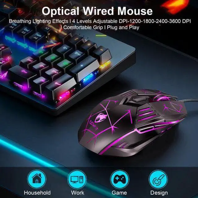 Alt view image 2 of 7 - USB Wired Gaming Mouse, Ergonomic Optical Computer Gaming Mice with 4 Color LED Light, Up to 3600DPI, 6 Buttons Fit for Computer, Laptop, PC, Desktop (Star Black)