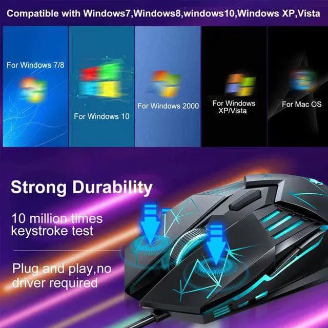 Alt view image 6 of 7 - USB Wired Gaming Mouse, Ergonomic Optical Computer Gaming Mice with 4 Color LED Light, Up to 3600DPI, 6 Buttons Fit for Computer, Laptop, PC, Desktop (Star Black)