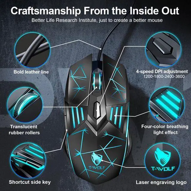 Alt view image 7 of 7 - USB Wired Gaming Mouse, Ergonomic Optical Computer Gaming Mice with 4 Color LED Light, Up to 3600DPI, 6 Buttons Fit for Computer, Laptop, PC, Desktop (Star Black)