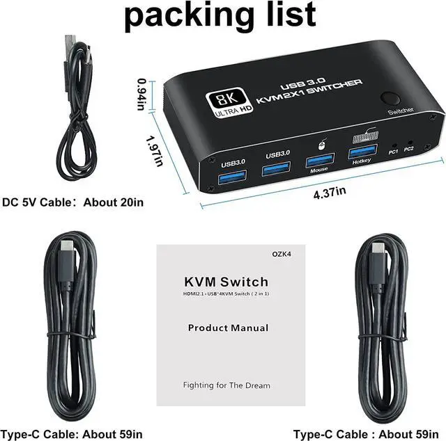 Alt view image 7 of 7 - 8K @60Hz HDMI2.1 KVM Switch 2 in 1 Out, 2 Port HDMI 2.1 USB KVM Switch for 2PC Shares 1 Set Mouse, Keyboard and Monitor, Support 8K @60Hz, 4K @120Hz, Hotkey, 4x USB 3.0 Port, HDMI2.1 in/Out Port