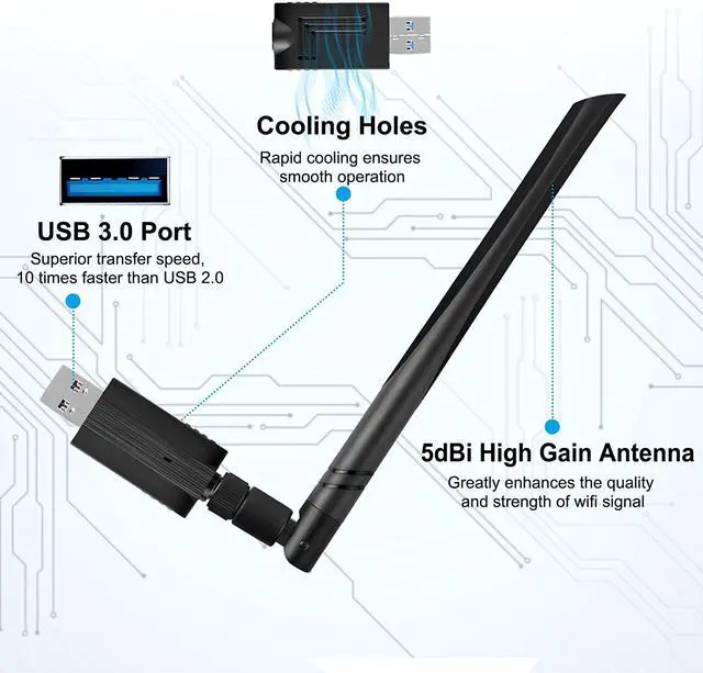 Alt view image 5 of 7 - AC1200 USB WiFi Adapter, Dual Band 5.8GHz/2.4GHz USB 3.0 WiFi Dongle Wireless Network Adapter with 5dBi High Gain Antenna for Desktop/Laptop, Supports Win 10/8.1/8/7/XP/Vista/Mac OS 10.9-10.15