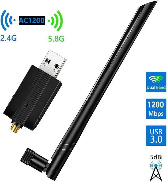 Main image of AC1200 USB WiFi Adapter, Dual Band 5.8GHz/2.4GHz USB 3.0 WiFi Dongle Wireless Network Adapter with 5dBi High Gain Antenna for Desktop/Laptop, Supports Win 10/8.1/8/7/XP/Vista/Mac OS 10.9-10.15