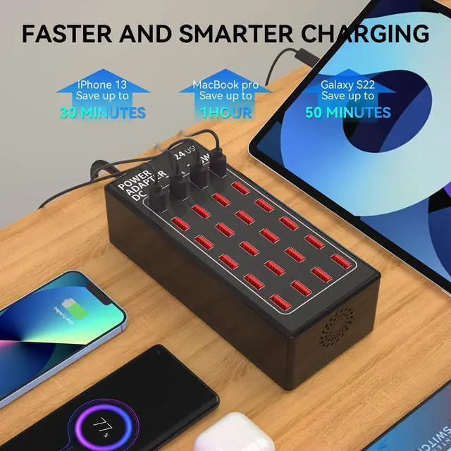 Alt view image 2 of 7 - USB Charging Station, 24 Port 100W (20A) Multiport USB Charger Station with Intelligent Detection for Smartphones,Tablets and More, Suitable for School Hotel Mall Shop Travel