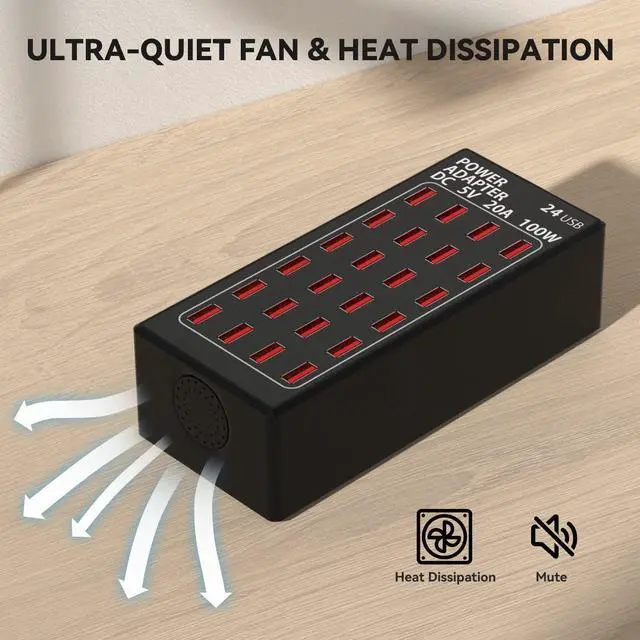 Alt view image 6 of 7 - USB Charging Station, 24 Port 100W (20A) Multiport USB Charger Station with Intelligent Detection for Smartphones,Tablets and More, Suitable for School Hotel Mall Shop Travel