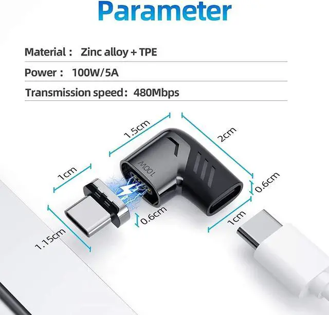 Alt view image 5 of 7 - Magnetic USB C Adapter (2 Pack) Type C Connector Right Angle Support USB PD 100W Quick Charge & 480Mb/s Data Transfer Compatible with USB-C Mobile Phone,Laptops&Tablets