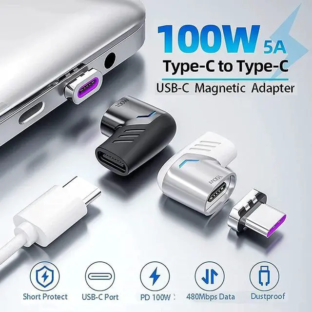 Alt view image 2 of 7 - Magnetic USB C Adapter (2 Pack) Type C Connector Right Angle Support USB PD 100W Quick Charge & 480Mb/s Data Transfer Compatible with USB-C Mobile Phone,Laptops&Tablets