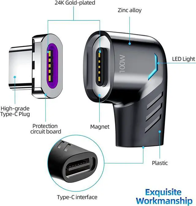 Alt view image 4 of 7 - Magnetic USB C Adapter (2 Pack) Type C Connector Right Angle Support USB PD 100W Quick Charge & 480Mb/s Data Transfer Compatible with USB-C Mobile Phone,Laptops&Tablets